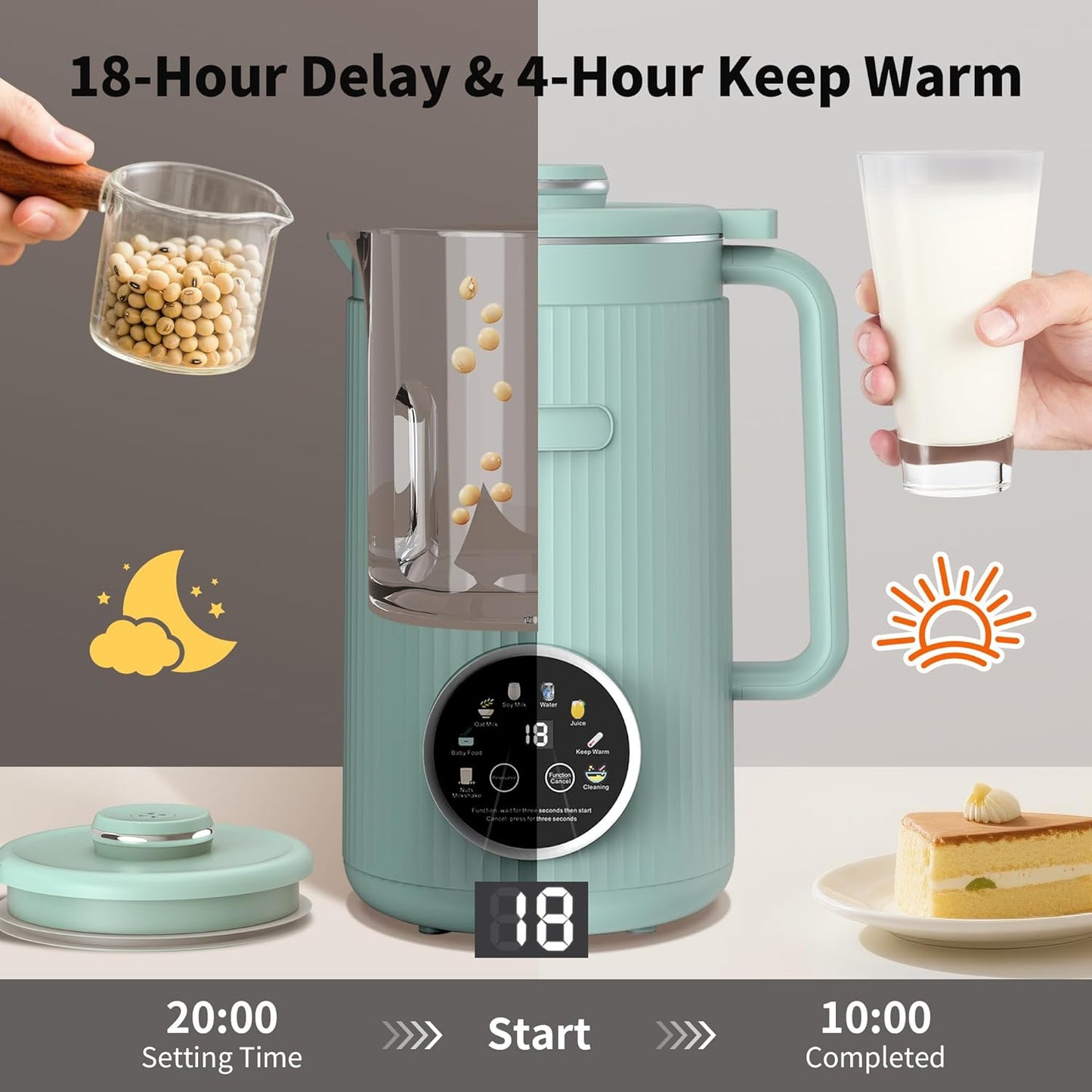 ANHANE 35oz Soy Milk Maker Machine: 8-in-1 Nut Milk Maker for Oat Milk, Vegan Drinks, Baby Food Blender - Plant-Based Milk Machine with Stainless Steel, LED Touch, Auto Shutoff (Green)