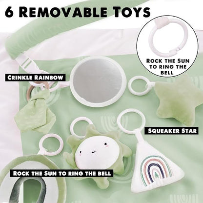Mallify Washable Tummy Time Mat, Baby Play Gym with 6 Featured Toys, Baby Gym for Infant & Toddler, Larger Baby Play Mat, Deluxe Baby Play Mats for Floor, Sensory and Motor Skill Development, Green