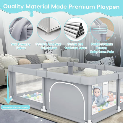 Fshibila 74" ×50" Large Baby Playpen, Baby Playard for Babies and Toddlers, Baby Fence Play Pens for Indoor & Outdoor, Sturdy Safety Play Yard with Soft Breathable Mesh, Anti-Fall, Grey