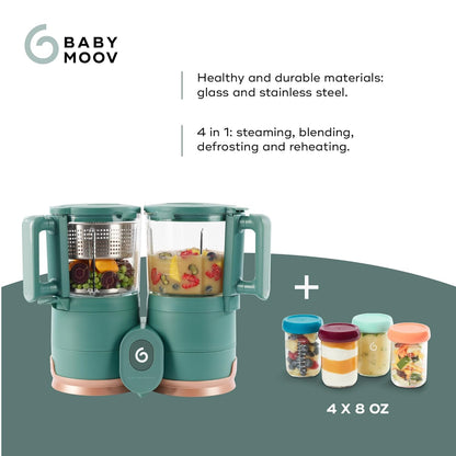Babymoov Duo Meal Glass Food Maker - Baby Food Processor with Built-in Glass Steamer, Stainless Steel Basket, and Glass Blender (Over 6 Cup Capacity), Dark green