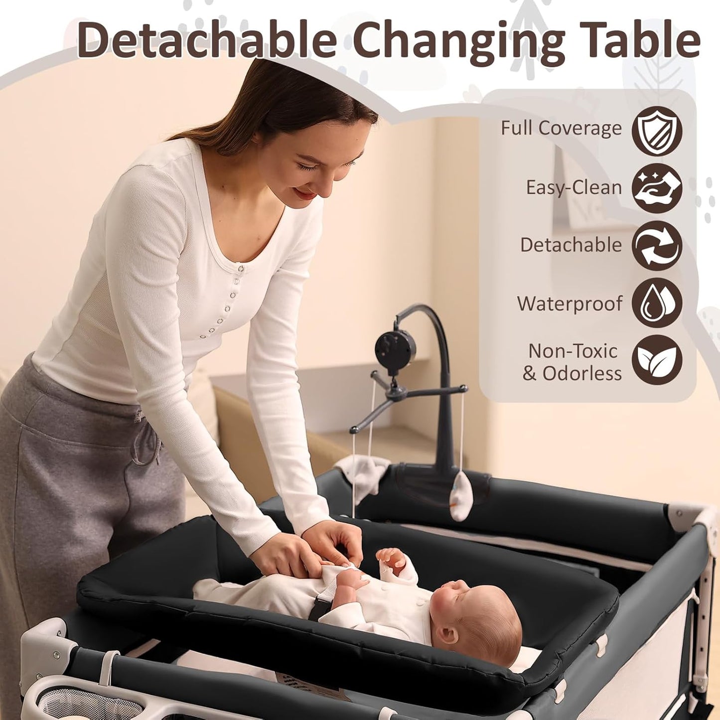 5-in-1 Baby Bassinet Bedside Sleeper, Foldable Pack and Play,One-Push Bedside Crib with Playard, Includes Mattress, Changing Table, Mosquito Net, Music Toy & Storage for Newborn to Toddler (Dark Grey)