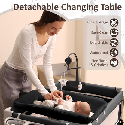 5-in-1 Baby Bassinet Bedside Sleeper, Foldable Pack and Play,One-Push Bedside Crib with Playard, Includes Mattress, Changing Table, Mosquito Net, Music Toy & Storage for Newborn to Toddler (Dark Grey)