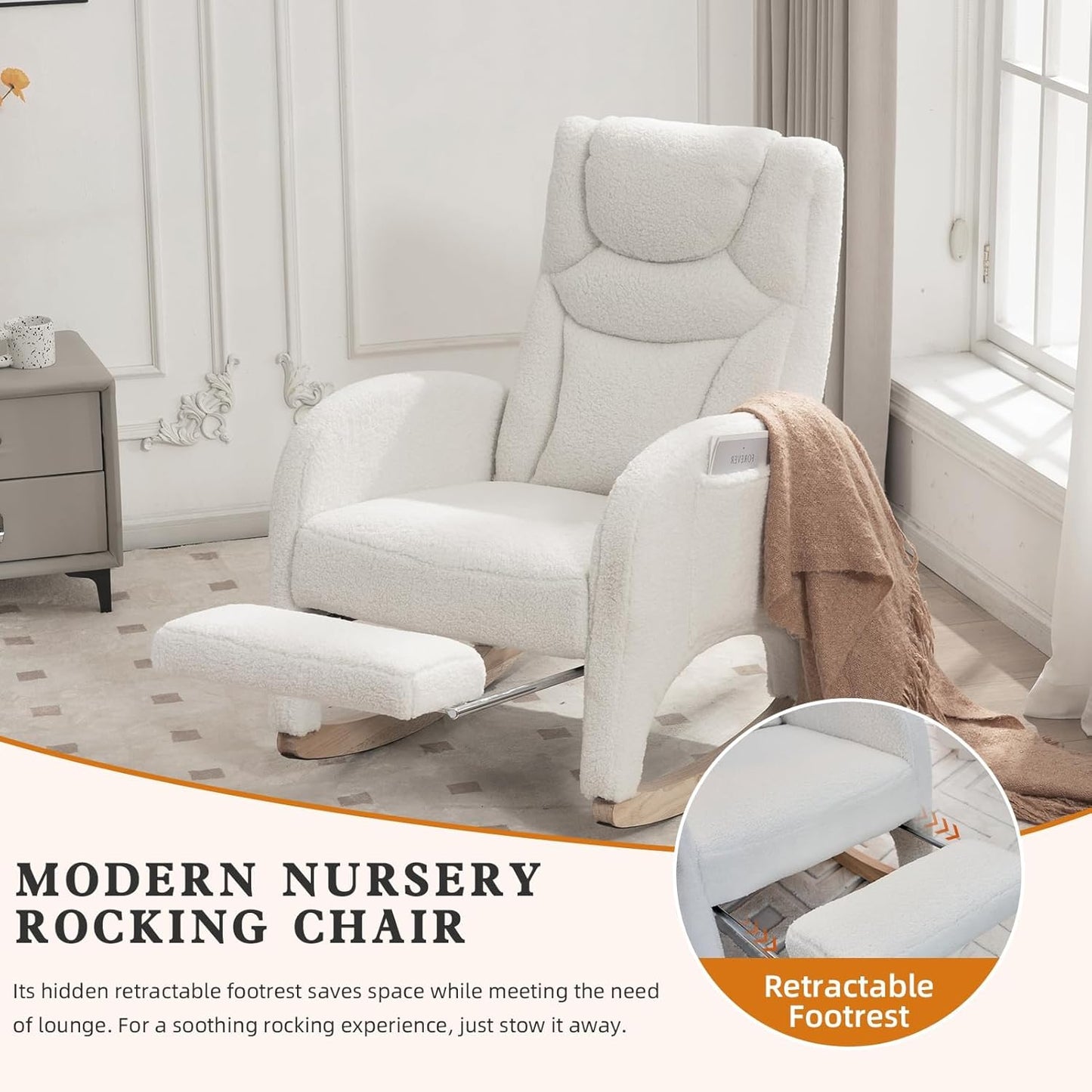 Rocking Chair Nursery with Foot Rest,Upholstered Teddy Glider Rocker with Wood Legs, Nursing Rocking Chair for Living Room/Nursery,Pink