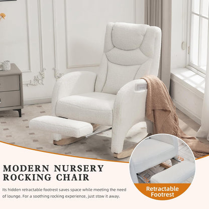 Rocking Chair Nursery with Foot Rest,Upholstered Teddy Glider Rocker with Wood Legs, Nursing Rocking Chair for Living Room/Nursery,Pink