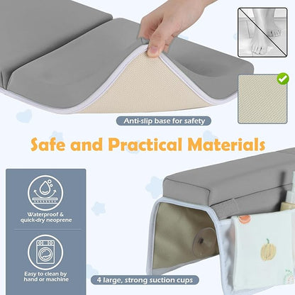 Baby Bath Kneeler and Elbow Rest Pad Set, 1.5 Inch Thick Memory Foam Soft Bath Kneeler with Bath Toys Organizer, Non-Slip, Quick-Dry, Foldable Kneeling Mat, Ideal Gift for Parents, Gray