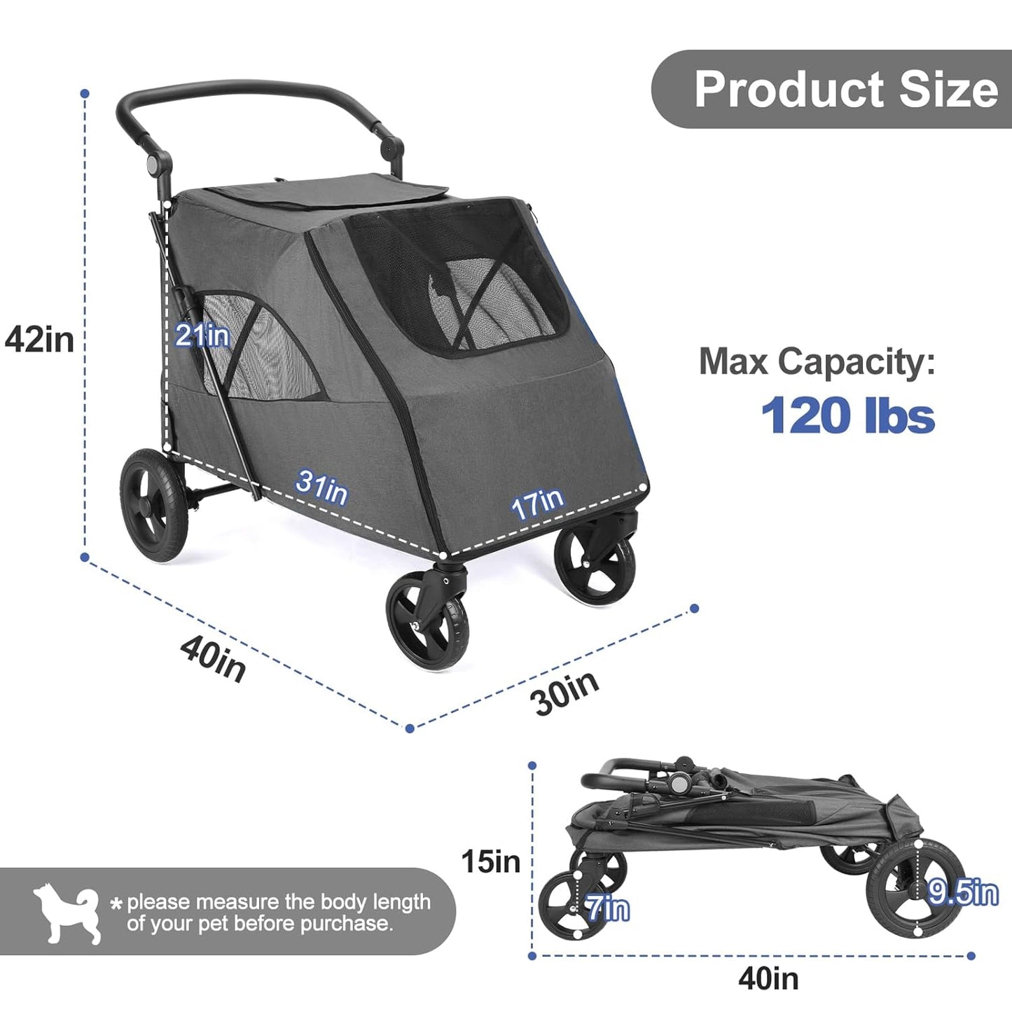 Large Dog Travel Stroller with 4 Heavy Duty Wheels Pet Stroller with Adjustable Handle - Double Doggie Capacity Jogger Wagon with Back Front Door for Small Medium Large Dogs (Dark Light Gray)