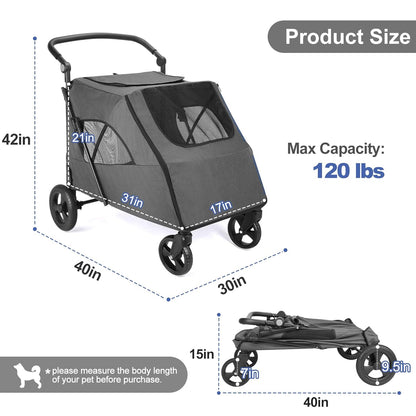 Large Dog Travel Stroller with 4 Heavy Duty Wheels Pet Stroller with Adjustable Handle - Double Doggie Capacity Jogger Wagon with Back Front Door for Small Medium Large Dogs (Dark Light Gray)