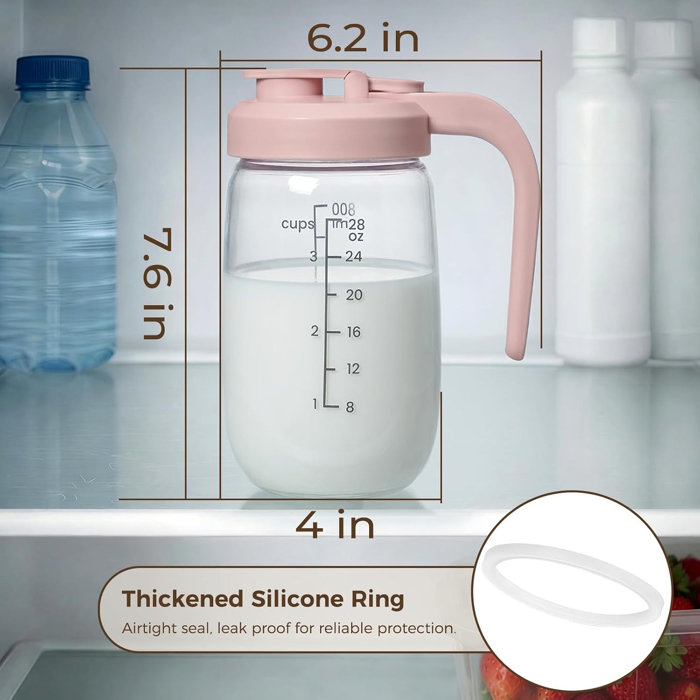 2 Pack Breast Milk Pitcher 32 OZ, Heat & Cold Resistant, Sudden Temperature Safe, Fast Baby Formula Maker with Wide Mouth, No Leak Glass Fridge Storage Container for Juice, Cold Brew-Blue, Pink