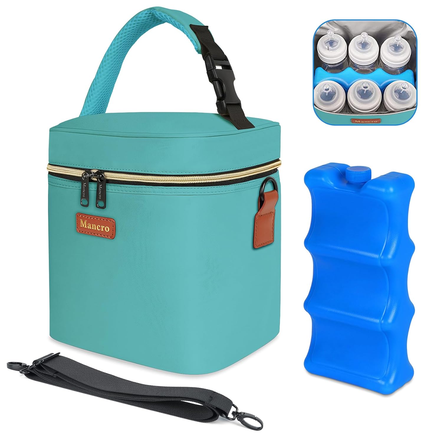 Mancro Breastmilk Cooler Bag with Ice Pack, Fits 6 Baby Bottles Up to 9 Ounce Insulated Baby Bottle Bag, Breast Milk Cooler on The go with Strap, Bottle Storage Bag for Nursing Mom Daycare, Black