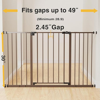 InnoTruth 28.9-49" Baby Gate for Doorways, 30" Tall Extra Wide Doggy Gates for Stairs One-Hand Opening, Easy Walk Thru Dual Lock Dog Gates for The House, Kitchen, Balcony, Easy Install Kid Gate,Brown