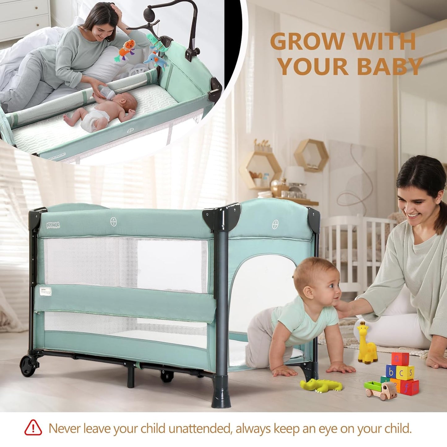 JOYMOR Baby Bassinet, Pack and Play with Bassinet and Carry Bag, Convert to Bedside Sleeper with Wheels for Boys Girls (Green)