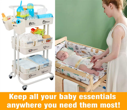 Baby Diaper Caddy Organizer Cart, 3-Tier Mobile Utility Rolling Cart with Baskets and Hanging Cups, Large Capacity Baby Essentials Storage Cart for Nursery, Changing Table & Crib, Easy to Assemble