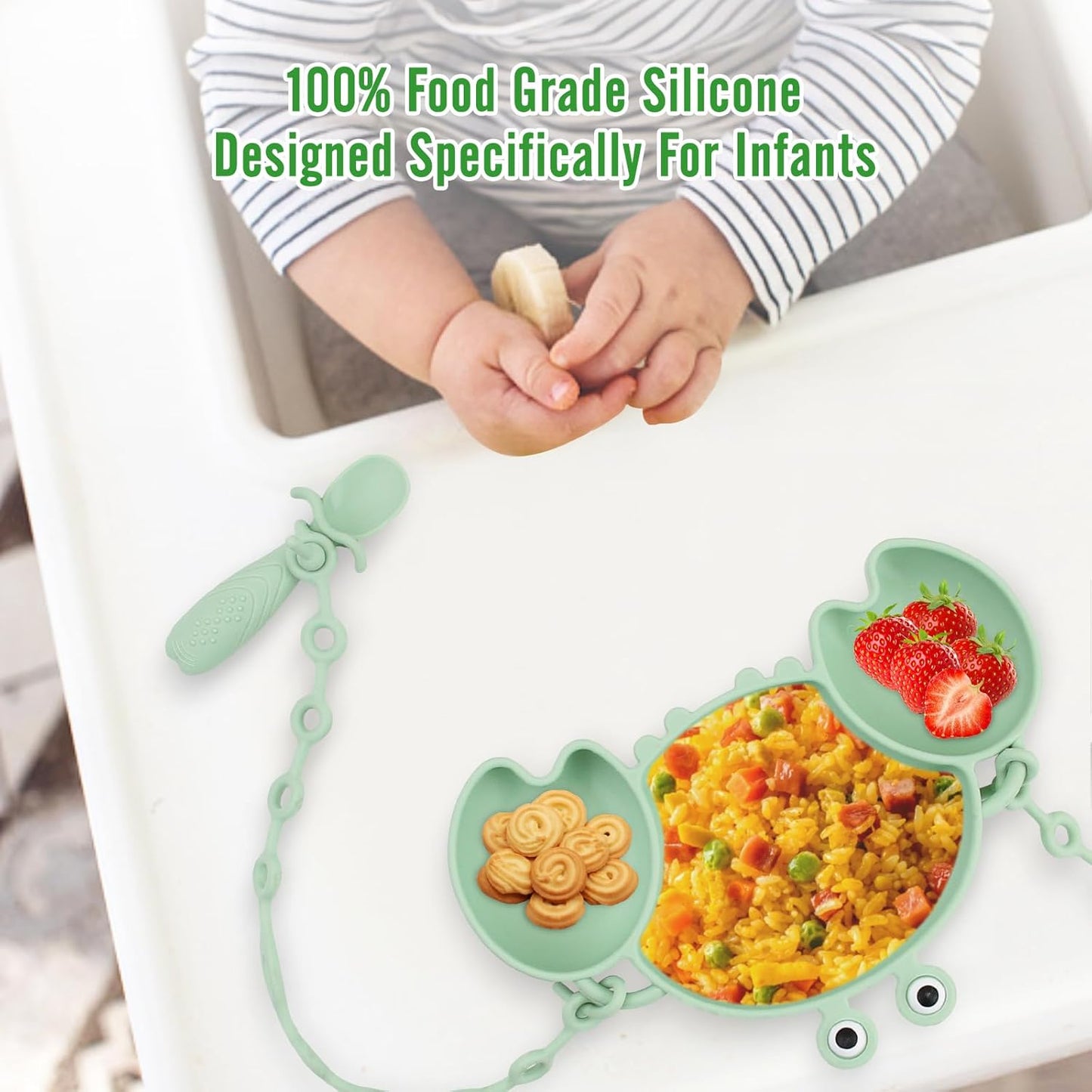 Silicone Baby Feeding Set, 8-Piece Baby Led Weaning Supplies Included Toddler Suction Plate, Bowl, Cup, 3 Spoons & 2 Safety Straps Keep Spoon, Fork & Bottle Off The Floor for Self-Feeding (Blue)