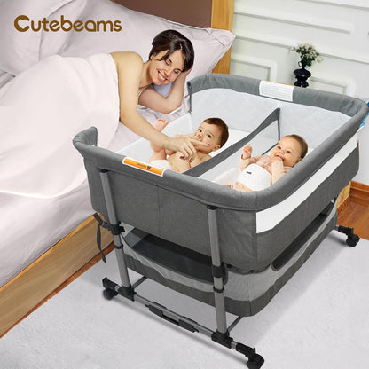 Twin Bassinet for 2 Babies, 3 in 1 Bedside Co Sleeper Double Bassinet for Twins, Rocking Bassinet for Baby with Wheels and Storage Basket, Includes Mattress (Grey)