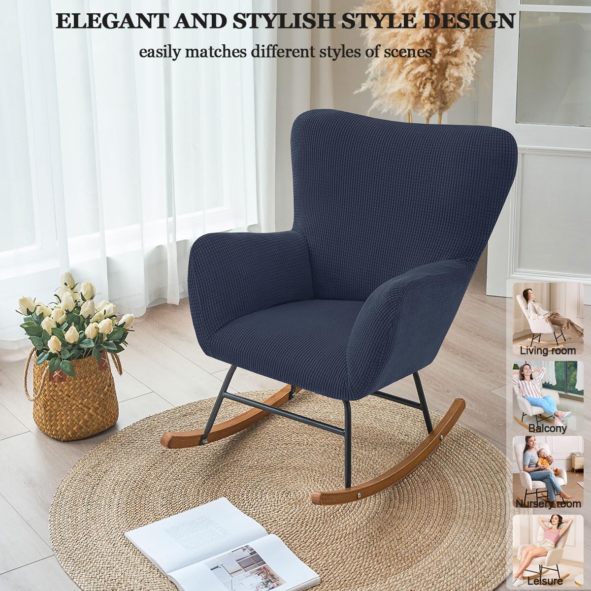 Levoberg Nursery Rocking Chair Cover Stretch Rocker Glider Chairs Cover Slipcovers Jacquard Rocking Accent Chair Cover Recliner Armchair Slipcover for Nursery Living Room Bedroom Office Black