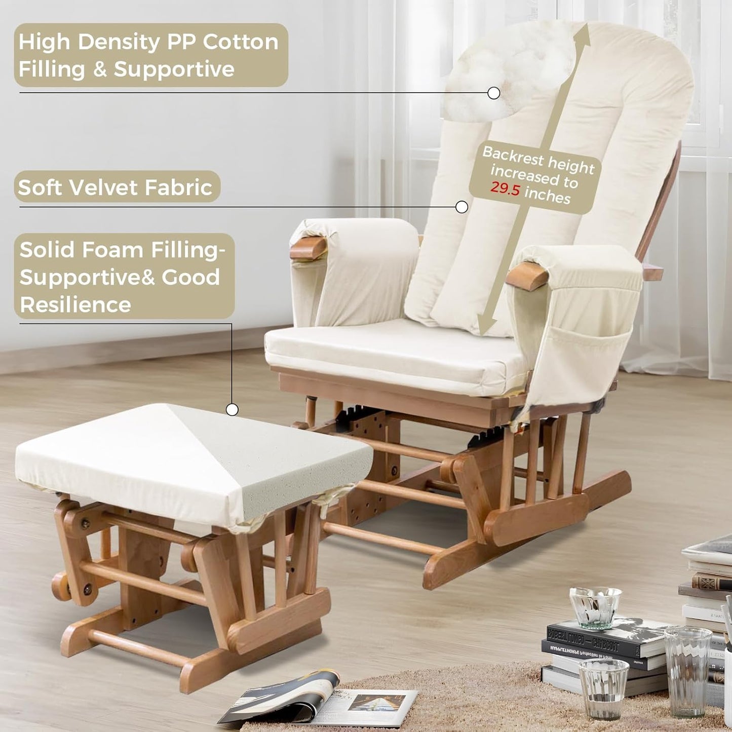 5PCS Suede Glider Rocker Replacement Cushions with 29.5" High Backrest & Side Pockets, Thickened Soft Glider Rocking Chair Cushions with Ottoman Cushion for Indoor Nursery Rocking Chair, Green