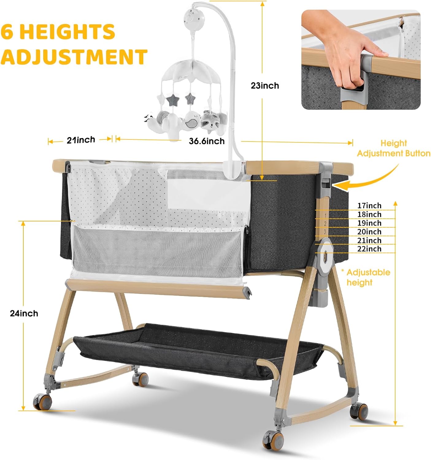 Bassinet Bedside Sleeper,Bedside Bassinet,Rocking Bassinet,3 in 1 Portable Bedside Crib with Mattress,Mobile,Mosquito Net,Storage Basket,6-Height Adjustable Baby Bassinet with Wheels for Newborn,Beige