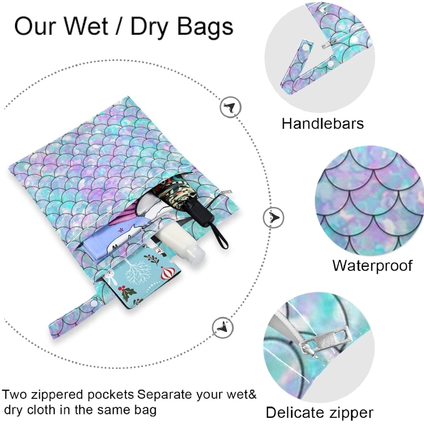 visesunny Leopard Grain 2Pcs Wet Bag with 2 Zippered Pockets Snap Handle Washable Reusable Roomy for Travel,Beach,Pool,Daycare,Stroller,Diapers,Dirty Gym Clothes, Wet Swimsuits, Toiletries