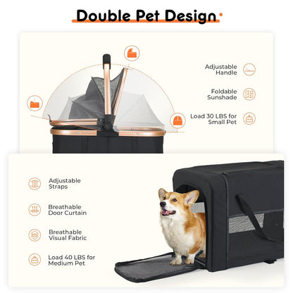 Double Pet Stroller for Small Medium Dogs - 4 In1 Dog Stroller for 2 Pets, Detachable and Foldable with 360°Rotating Wheels, Easy Assembly and Compact Size