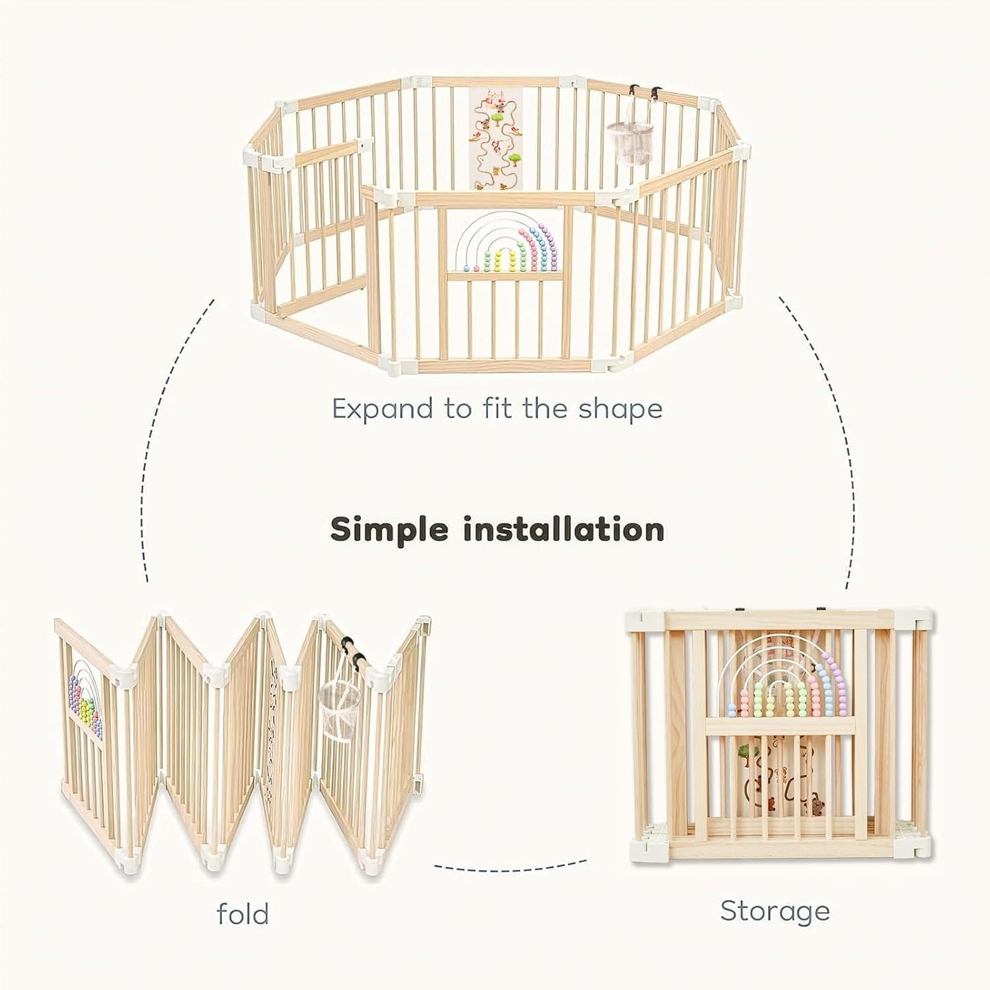 Ulnxiy Foldable Wooden Baby Playpen Activity Center,Adjustable Size & Shape Portable Play Yard, Baby Fence Play Area with Gate for Indoor Use for Babies and Toddlers(84x56x24inches)