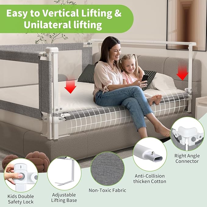 yulongtengfei Bed Rail Guard for Toddlers, 1-Piece Adjustable Height Baby Bed Rail, Kids Safety Guard Rails for Twin Full Queen King Size (Gray, 1 Side:74.8")