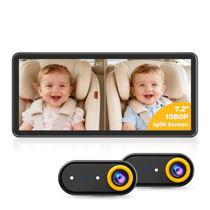 LUCKVIEW BM5PRO 7.2" Dual Camera Baby Monitor, 1080P HD Display for 2 Kids, Night Vision, Easy Install Car Baby Monitor, Ideal Gift, Rear Seat Safety for Babies & Pets