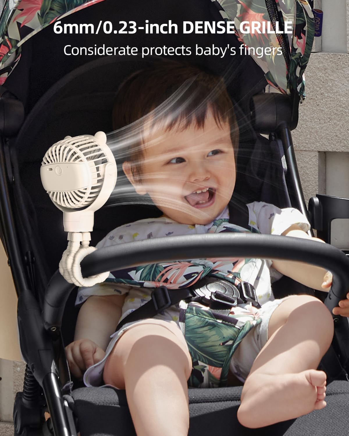 Portable Stroller Mini Fan, Small Rechargeable Personal Fan, Baby Travel Essentials for Wagon, Car Seat, Treadmill, Battery Powered Biking Gear Accessories, 360° Rotation, 3-Speed, Display, Black