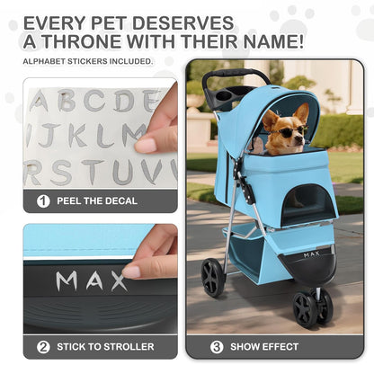 MoNiBloom Foldable Pet Stroller with Weather Cover, 3 Wheels Pet Strolling Cart for Small/Medium Dogs and Cats with Storage Basket and Cup Holder, Breathable and Visible Mesh for All-Season, Black
