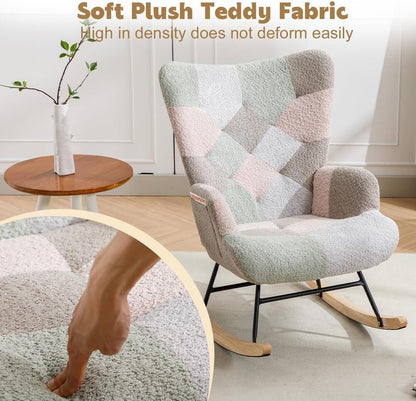 Nursery Rocking Chair Teddy Upholstered Glider Rocker Rocker Accent Chair with High Backrest Armchair Comfy Side Pocket Modern Rocking Accent Chairs for Living Room, Nursery, Office-Green