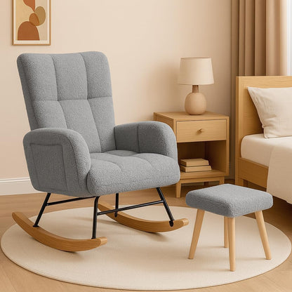 COMHOMA Nursery Rocking Chair with Ottoman,Teddy Glider Rocking Chair,Accent Chair with High Backrest Reading Chair for Adult,Nursery,Bedroom,Living Room,Offices(Beige with Ottoman)