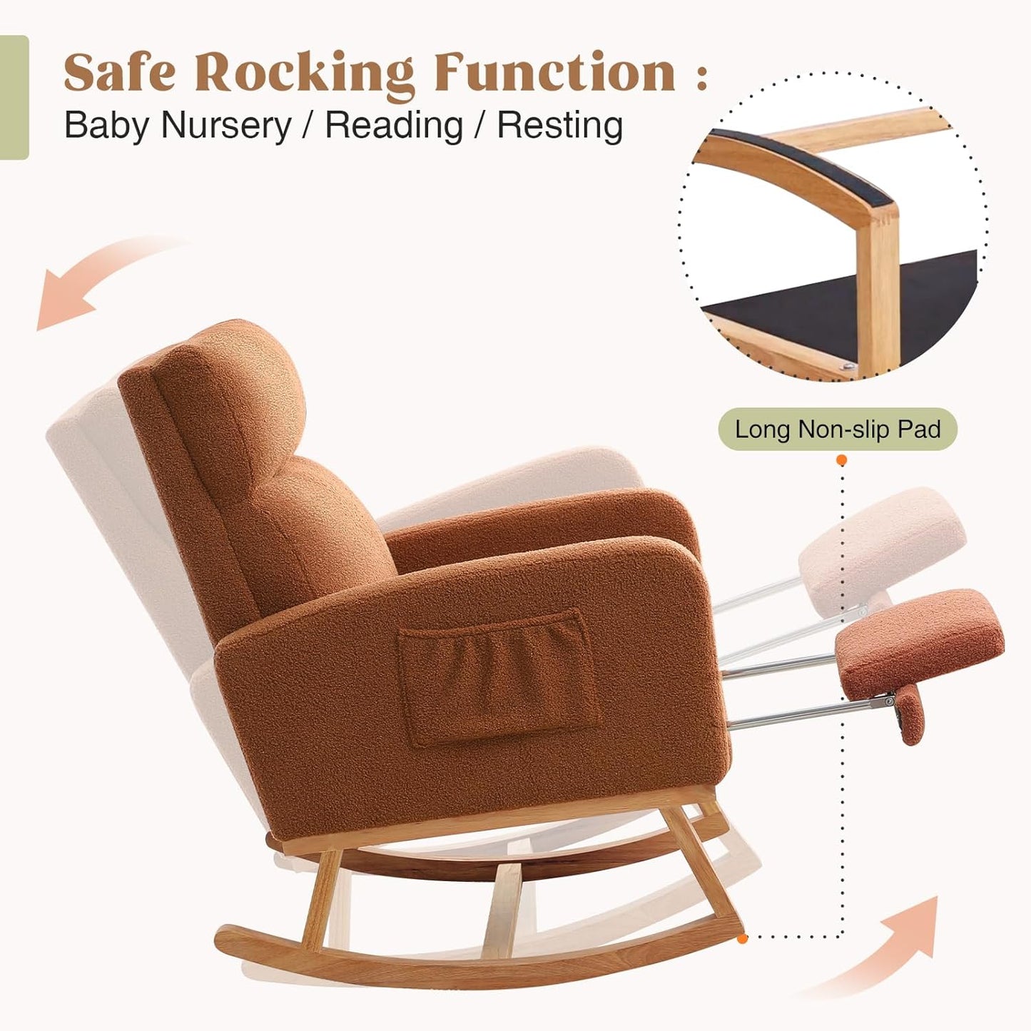 HCHAIRH Rocking Chair Nursery, Nursing Rocking Chairs with Foot Rest for Mom Nursery, Glider Rocker Chair with Footrest and High Backrest for Living Room, Bedroom, Beige