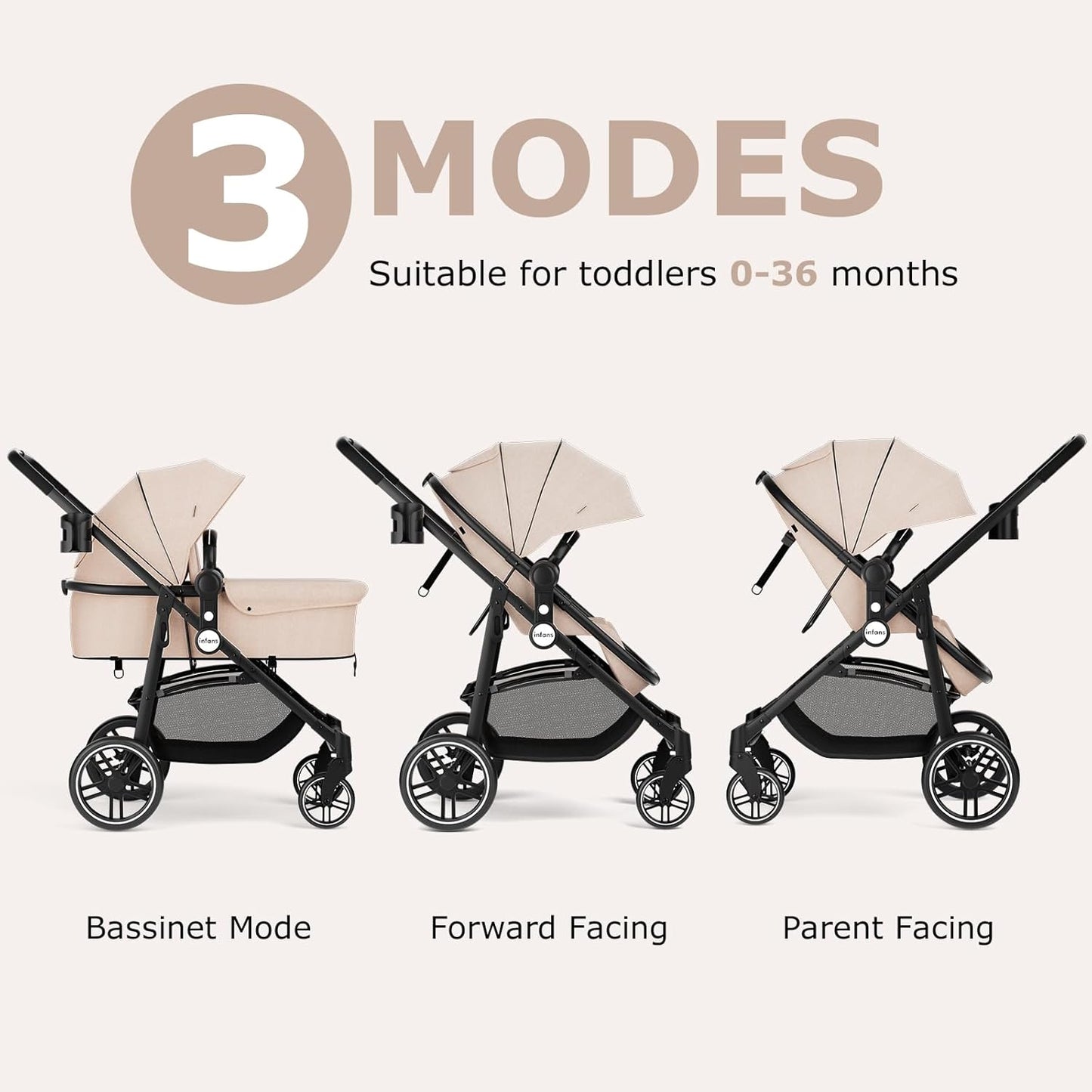 INFANS 2 in 1 Baby Stroller, High Landscape Infant Stroller & Reversible Bassinet Pram, Foldable Pushchair with Adjustable Canopy, Storage Basket, Cup Holder, Suspension Wheels (Black)