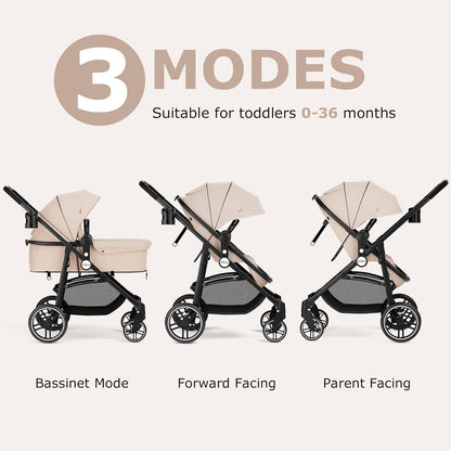 INFANS 2 in 1 Baby Stroller, High Landscape Infant Stroller & Reversible Bassinet Pram, Foldable Pushchair with Adjustable Canopy, Storage Basket, Cup Holder, Suspension Wheels (Black)