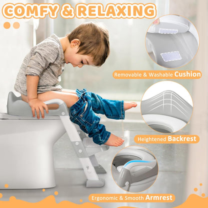 Potty Training Seat with Step Stool, Toddler Toilet Seat w/Ladder, Potty Training Chart, Splash Guard & Upgraded Non-Slip Pads, Kids Foldable Training Toilet Potty Chair for Boys Girls (Gray)