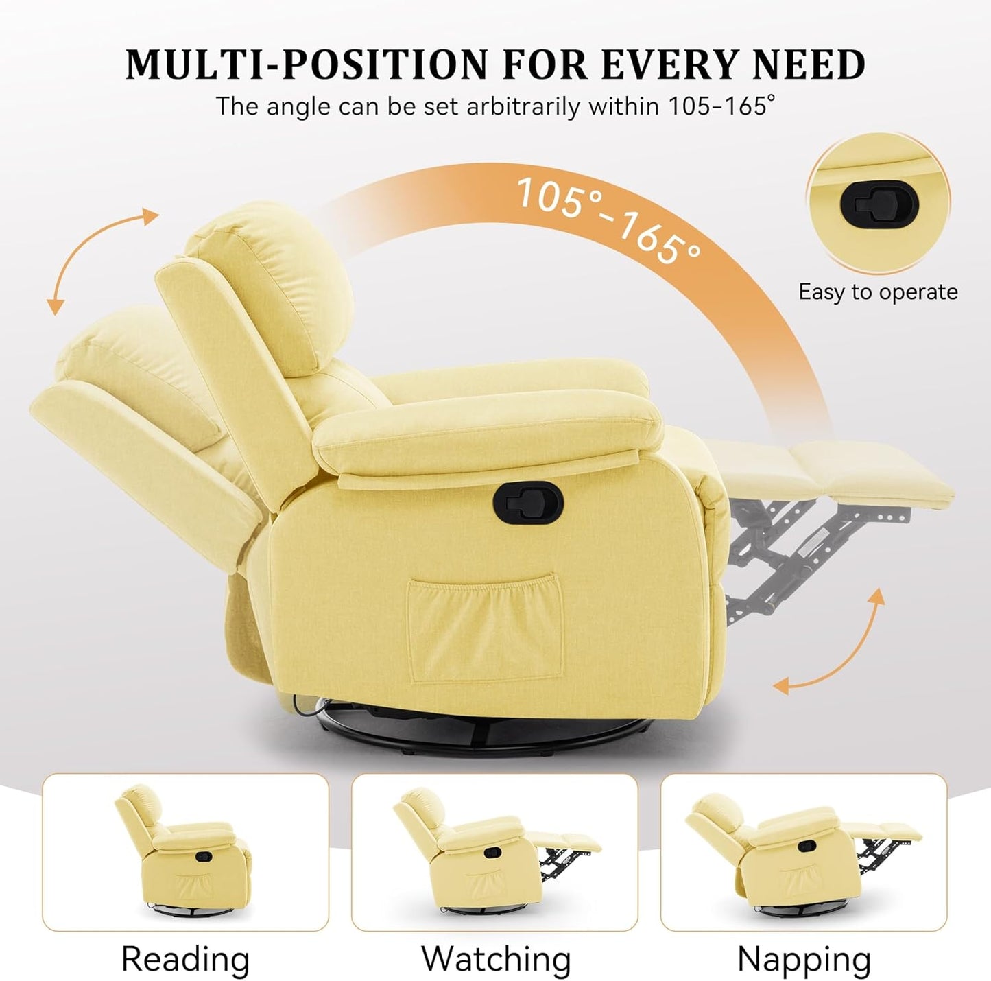 Korser Recliner Chair, 360 Swivel Rocker Chair for Adults, Small Rocking Recliner for Small Spaces, Upholstered Fabric Glider Recliner Nursery