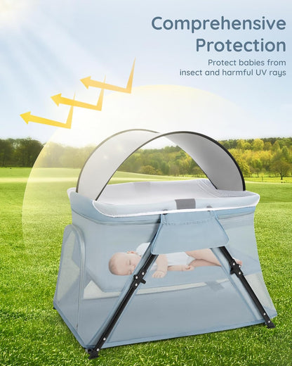 Lilian&Gema 2-in-1 Travel Crib, Portable & Foldable Crib with Backpack, Lightweight Baby Travel Playpen with Thick Mattress for Babies & Toddlers, Baby Travel Essential