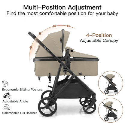 Gromast 3-in-1 Baby Stroller, Convertible Stroller for Newborn Infant Toddler with Reversible Seat, UPF 50+ Canopy & Cup Holder - Black