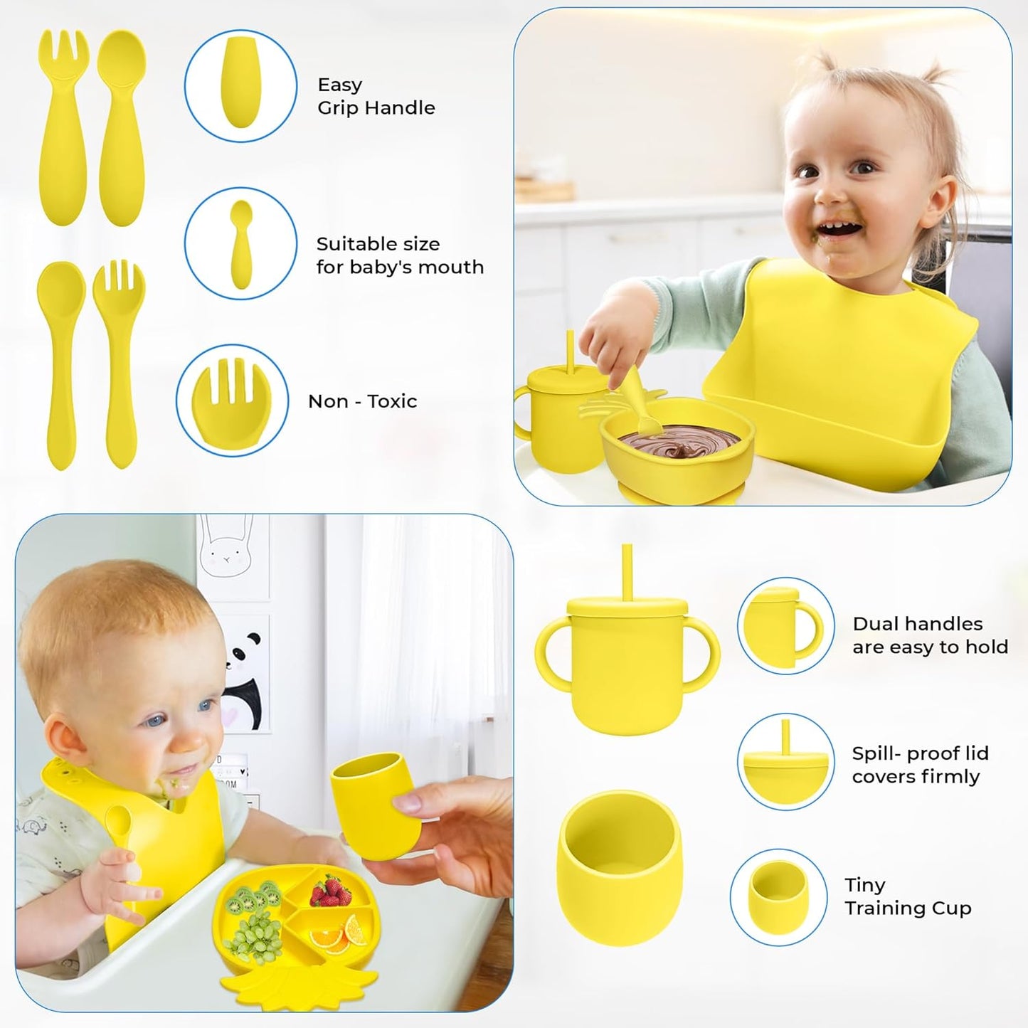 Silicone Baby Feeding Set - 9 Pieces - First Stage Solid Food Eating Baby Utensils - 6+ Months - Crab Shape