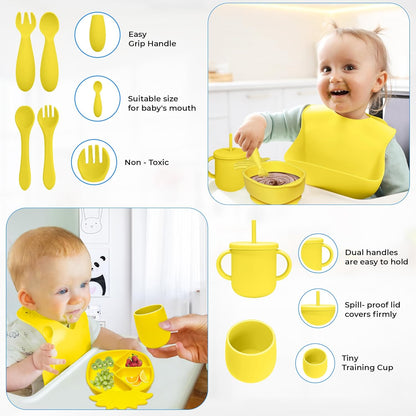 Silicone Baby Feeding Set - 9 Pieces - First Stage Solid Food Eating Baby Utensils - 6+ Months - Crab Shape