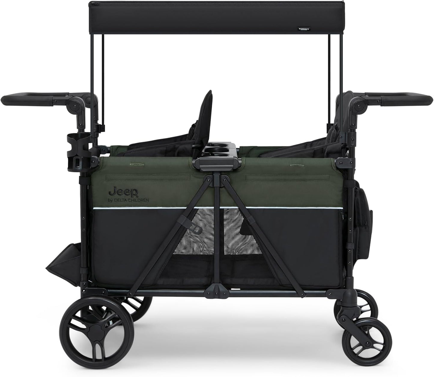 Jeep Aries Stroller Wagon by Delta Children Premium Wagon for 2 Kids with Convertible Seats, Adjustable Push/Pull Handles, Removable Canopy & Flat Fold - Greenguard Gold Certified, Black/Green