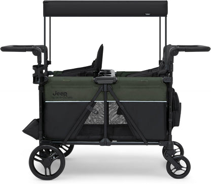 Jeep Aries Stroller Wagon by Delta Children Premium Wagon for 2 Kids with Convertible Seats, Adjustable Push/Pull Handles, Removable Canopy & Flat Fold - Greenguard Gold Certified, Black/Green