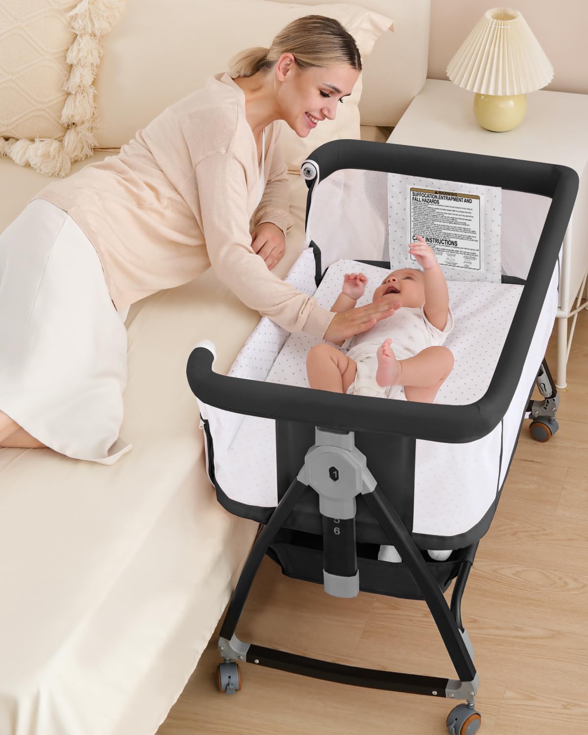 Bedside Bassinet for Baby, 3 in 1 Breathable Mesh Baby Bassinet, 6 Height Adjustable, Easy to Assemble, Bassinet Bedside Sleeper with Wheels, Mosquito Net, Storage Basket, Bassinets for Newborn Baby | Multi-functional