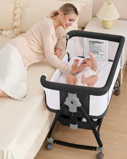Bedside Bassinet for Baby, 3 in 1 Breathable Mesh Baby Bassinet, 6 Height Adjustable, Easy to Assemble, Bassinet Bedside Sleeper with Wheels, Mosquito Net, Storage Basket, Bassinets for Newborn Baby | Multi-functional