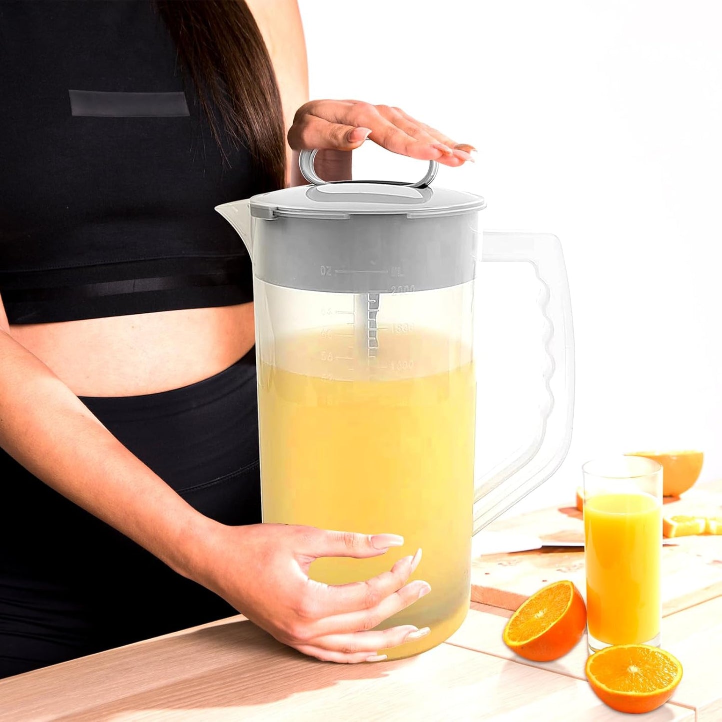 1 Pack Mixing Pitcher for Drink, 2 Quart/ 64oz Plastic Water Pitcher with Lid and Clean Sponge Brush, Angled Plastic Blades and Adjustable Mixer Plunger for Juice, Milk, Beverage Container
