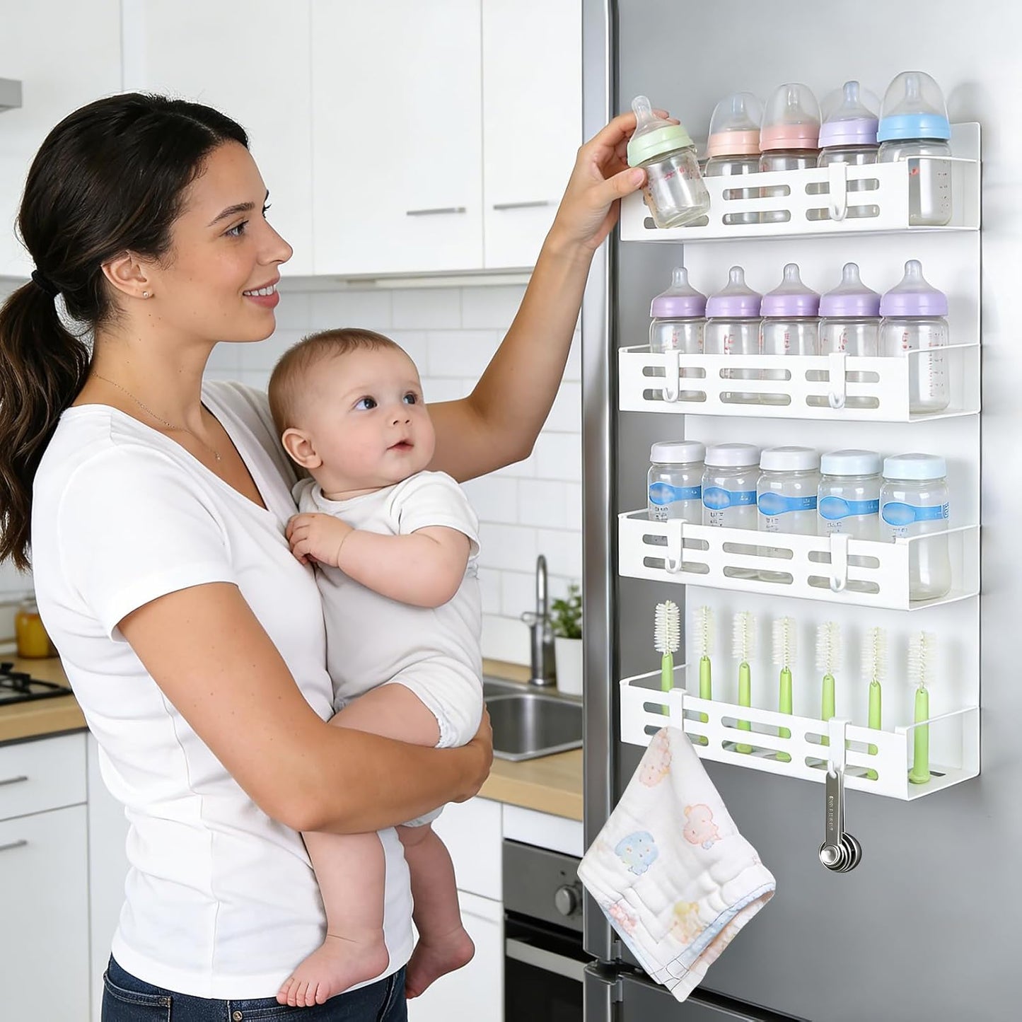 4 Pack Magnetic Baby Bottle Organizer for Refrigerator, Bottle Organizer Rack with 8 Hooks, Storage for Baby Bottles, Pacifiers, and Brushes, Also Suitable Stanley Cup Storage