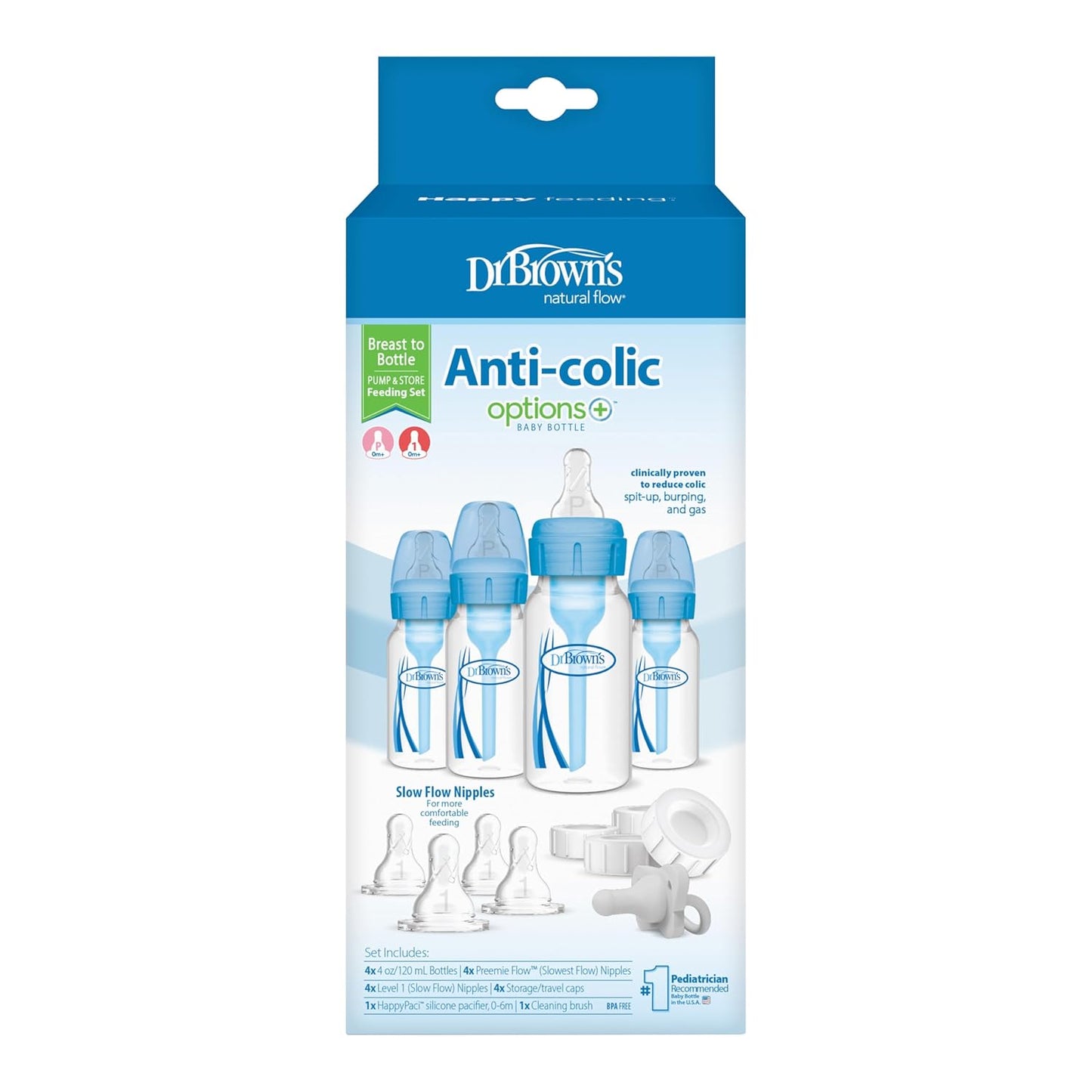 Dr. Brown's Anti-Colic Baby Feeding Set with Slow Flow Nipples, Travel Caps, Silicone Pacifier - Pink