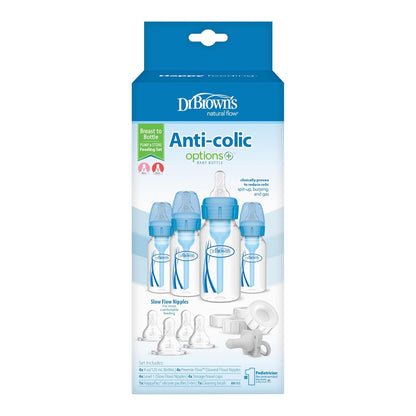 Dr. Brown's Anti-Colic Baby Feeding Set with Slow Flow Nipples, Travel Caps, Silicone Pacifier - Pink