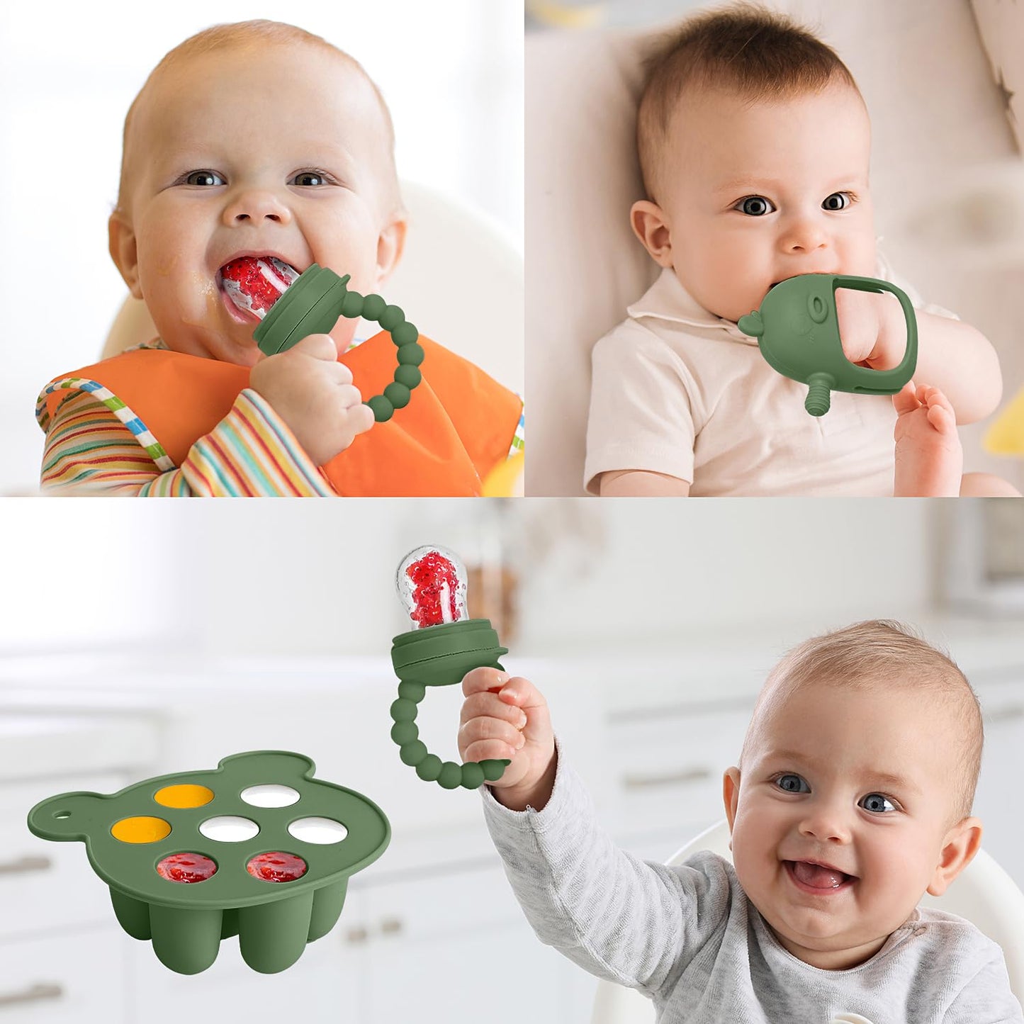 3-in-1 Baby Food & Fruit Feeder Set – Breastmilk Popsicle Mold with Freezer Tray, Teething Relief Toy, BPA Free Infant Silicone Feeding Combo, 3 Bonus Sizes (S/M/L) Sacs (Olive Green)