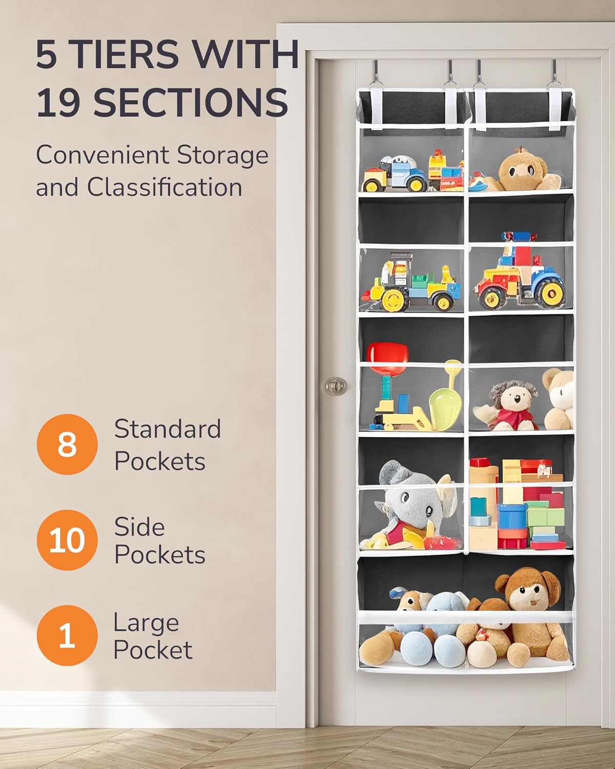 ULG 1 Pack Over Door Organizer with 5 Large and 10 Mesh Side Pockets, 44 lbs Weight Capacity Hanging Storage with Clear Window Kids Toys, Shoes, Diapers, Dark Grey, 5 Layers