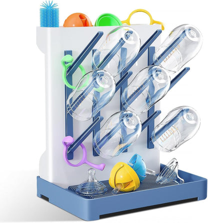 Baby Bottle Drying Rack: Vertical Space Saving Large Bottles Holder - Standing Boon Dryer Rack Baby Accessory - Countertop Holds Up to 12 Bottles & Pump Part Cleaning & Cup (Blue) (Gray)